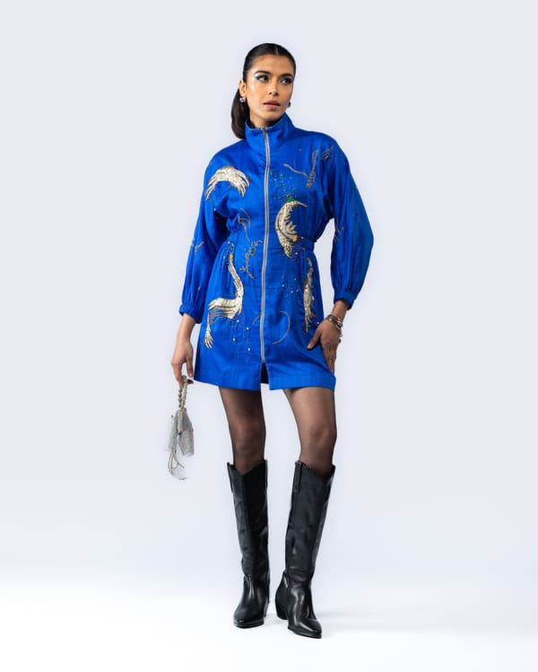 Royal Blue Zip-Front High Neck Embellished Mini Dress — Ang-sa