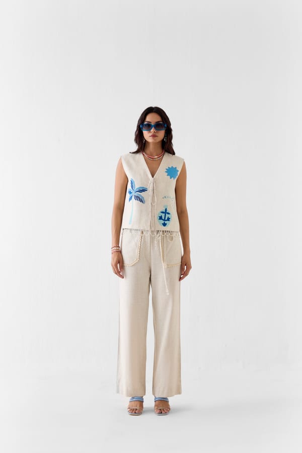 Cream V-Neck Vest and Wide-Leg Trousers Co-ord Set — Studio Rigu