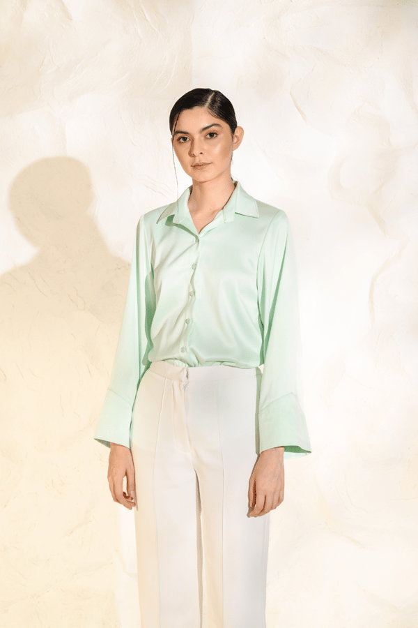 Mint Green Satin Shirt with Open-Back Cowl Detail — ETE CLOTHINGS