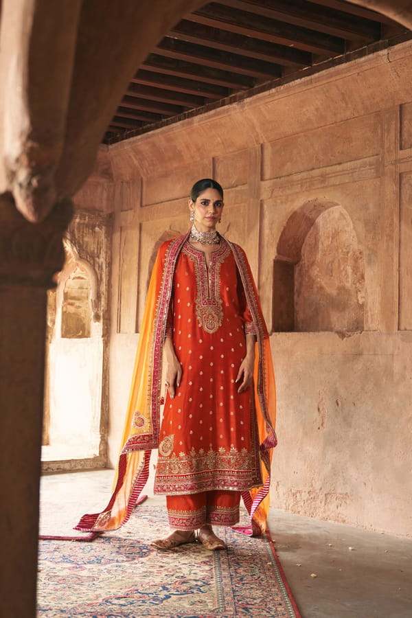 Burnt Orange A-Line Kurta Set with Palazzo and Dupatta — Sheetal Batra