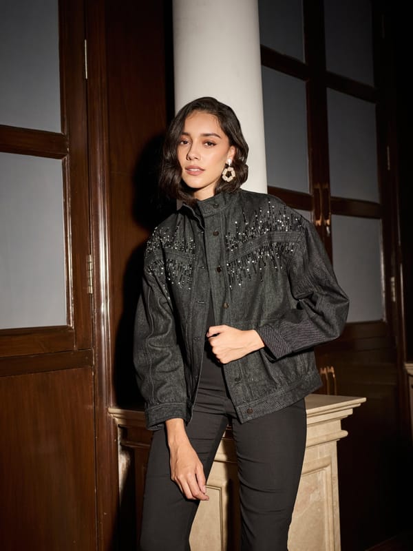 Black Cropped Embellished Cotton Twill Jacket — Style Island