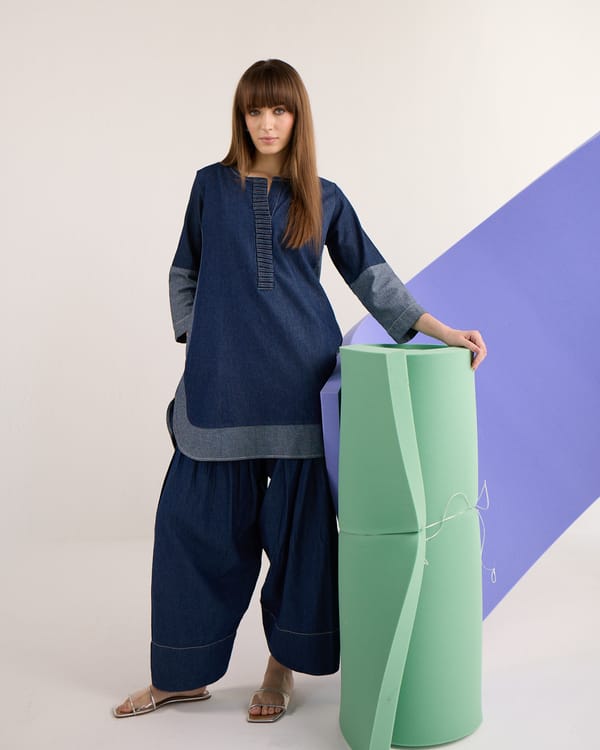 Blue Denim Colorblock Tunic and Farshi Pants Co-ord Set — AUR