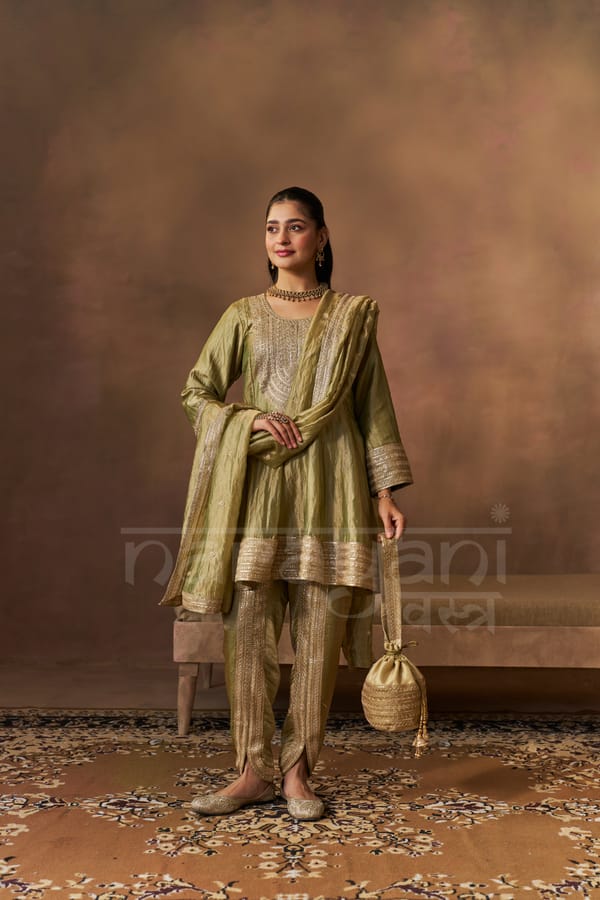 ITRA - Olive Green Tissue-Organza Anarkali Set — NARAYANI VASTRA