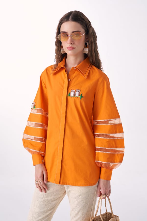 Sunset Orange Cotton Twill Shirt with Balloon Sleeves — Our Love