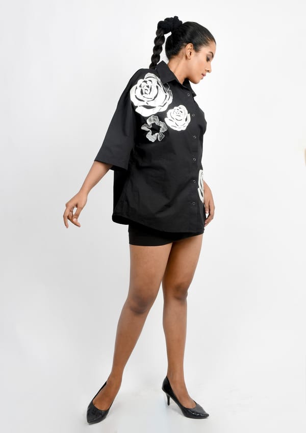 Black Cotton Shirt with Silver Applique Motifs — Richa Goenka