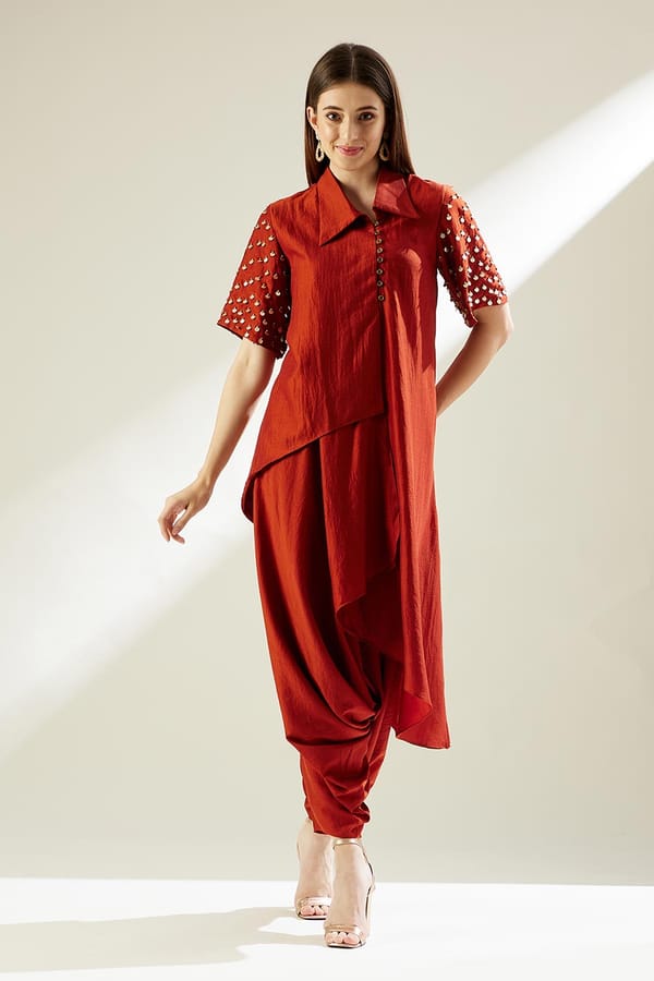 Orange Cotton Silk Drape Tunic and Zouave Pants Co-ord Set — Aakaar