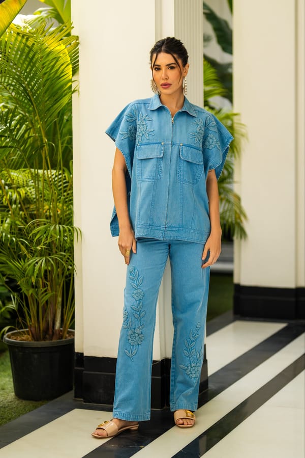 Blue Denim Embroidered Co-ord Set with Zip-Front Top — KAY KAY