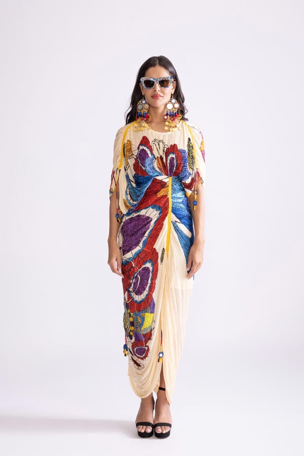 Multi Tribal Print Micro-Pleated Kaftan Maxi Dress — Saaksha and Kinni