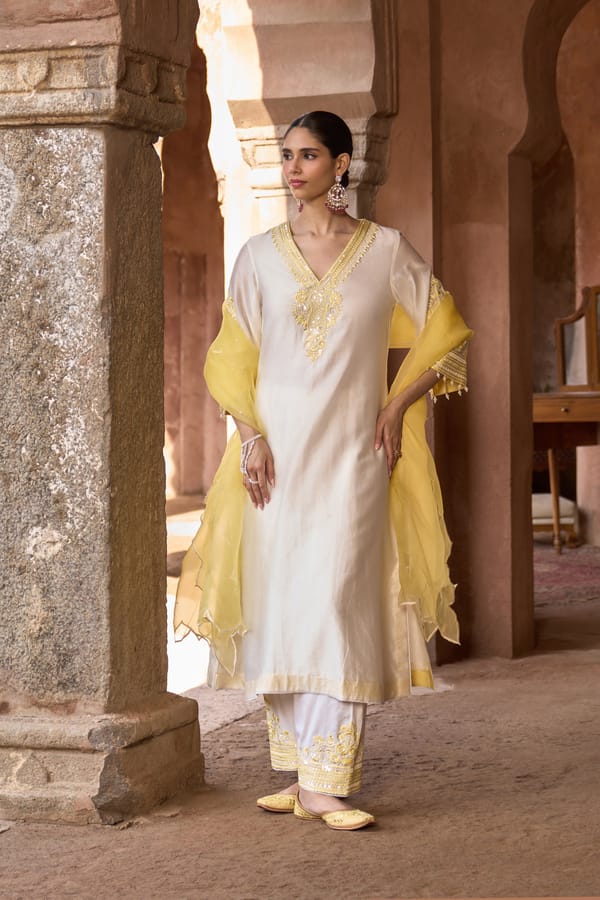Ivory Silk Chanderi Embroidered Kaftan Kurta Set — Sheetal Batra