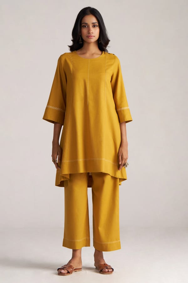 Mustard Yellow Lyocell Linen Co-ord Set with Wide-Leg Pants — Ganga Fashions Pvt Ltd