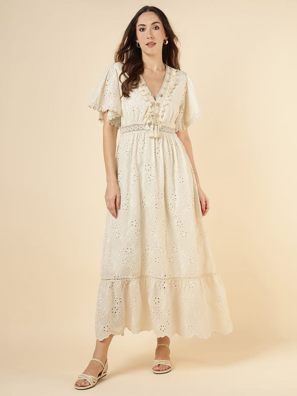 Natural Beige Cutwork Tiered Maxi Dress — ROBIN