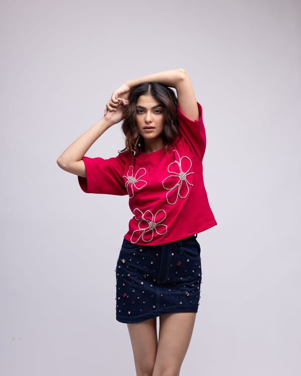 Dark Blue Rhinestone Asymmetric Denim Mini Skirt — MAGIA