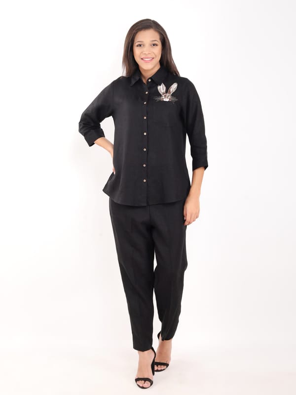 Black Linen Shirt with Rabbit Embroidery — Linen Bloom