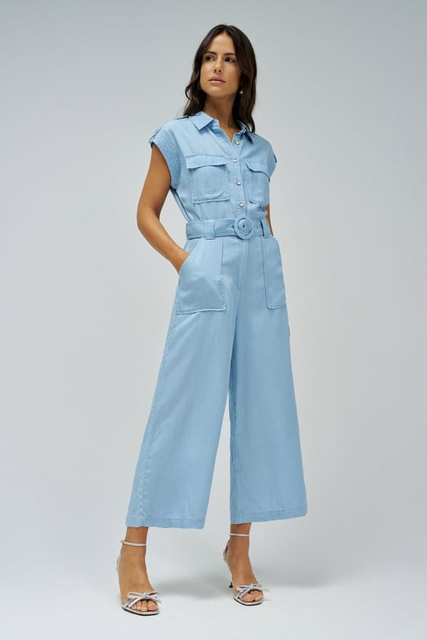 Light Blue Belted Lightdenim Utility Jumpsuit — SALSA JEANS