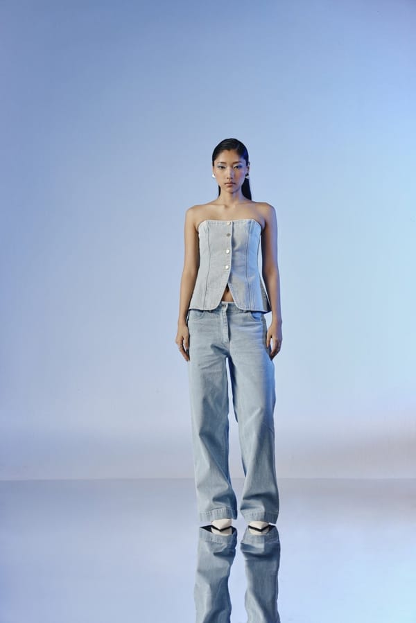 Light Blue Strapless Denim Bustier Top with Button Front — quietBOLD
