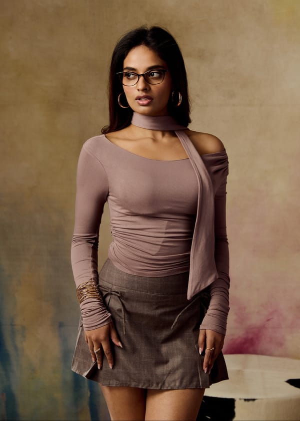 Taupe One-Shoulder Seamless Ruched Top with Scarf — Lea Clothing