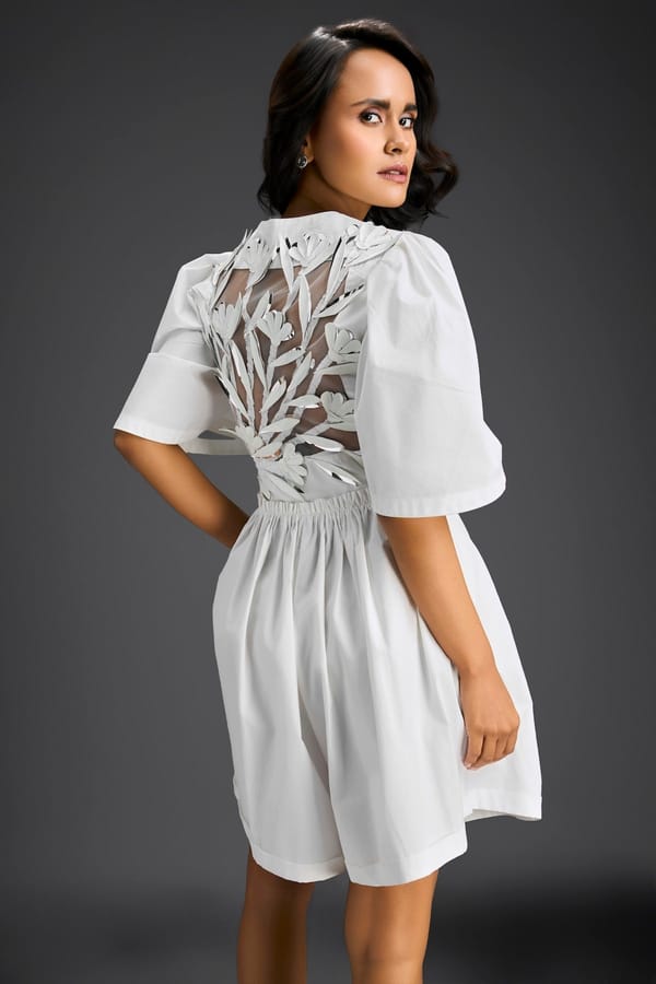 White 3D Floral Embellished Playsuit — Deepika Arora