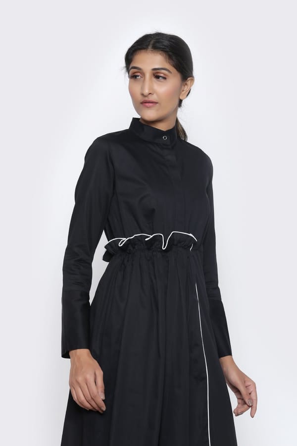 Black Cotton Satin Asymmetrical Midi Shirt Dress — Escape By Aishwarya