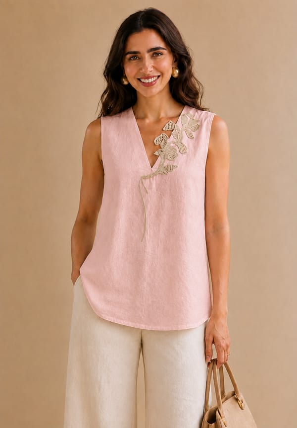 Blush Pink V-Neck Appliqué Sleeveless Top — ANISETTE