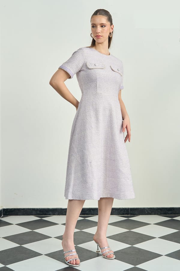 Lilac Tweed A-Line Midi Dress with Pearl-Trim Details — AVERIE