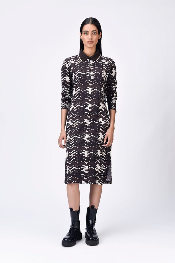 Chocolate Brown Cotton Pique Printed Polo Midi Dress — Genes Lecoanet Hemant