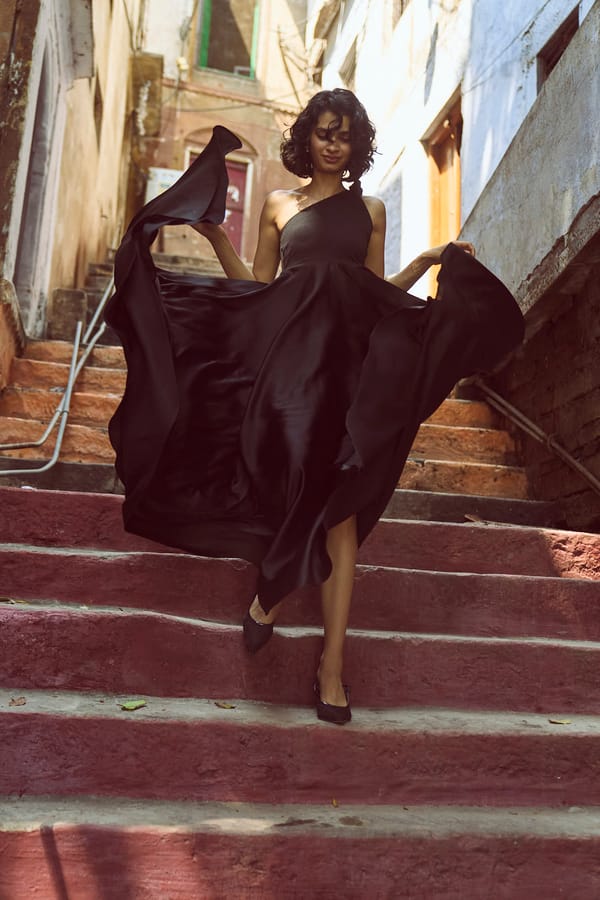 Black One-Shoulder Fit and Flare Maxi Gown — Dash and Dot