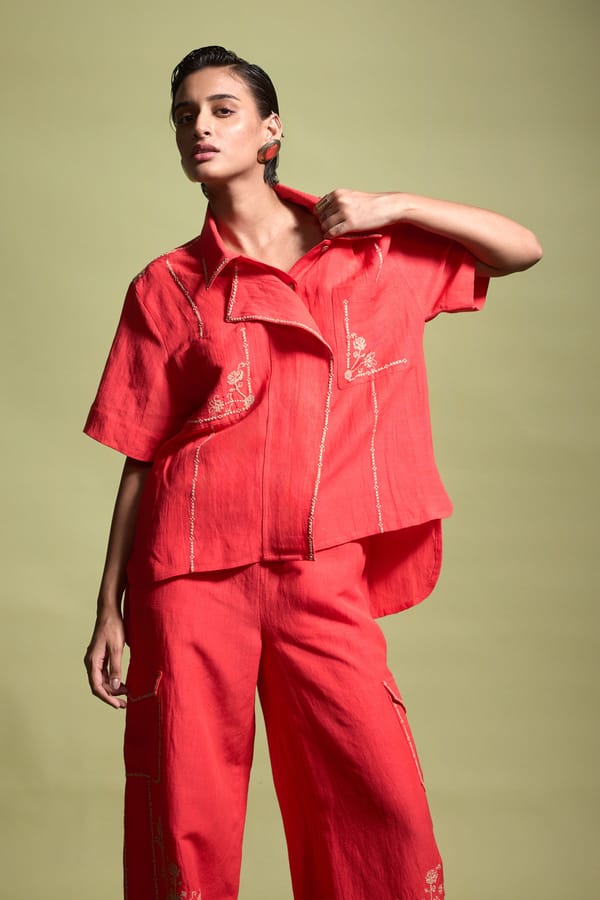 Scarlet Embroidered Viscose Linen Relaxed-Fit Shirt — Dash and Dot