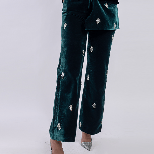 Emerald Green High-Waist Velvet Embellished Trousers — MAGIA