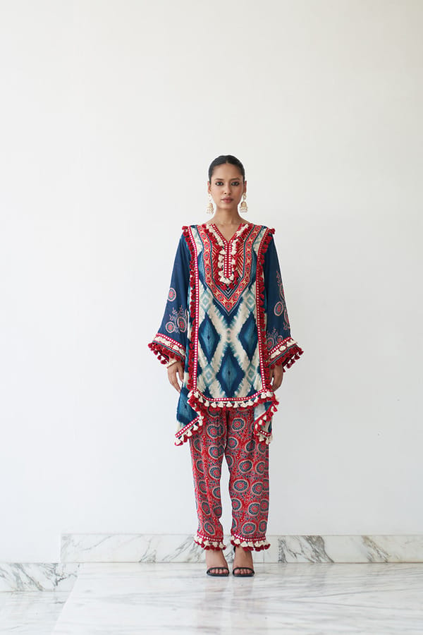 Blue Printed Crepe Kurta Set with Mirror Work Trim — Chakkraa