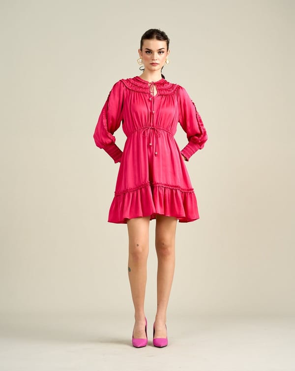 Hot Pink Satin Tiered Mini Dress with Tie-Up Neck — Style Island