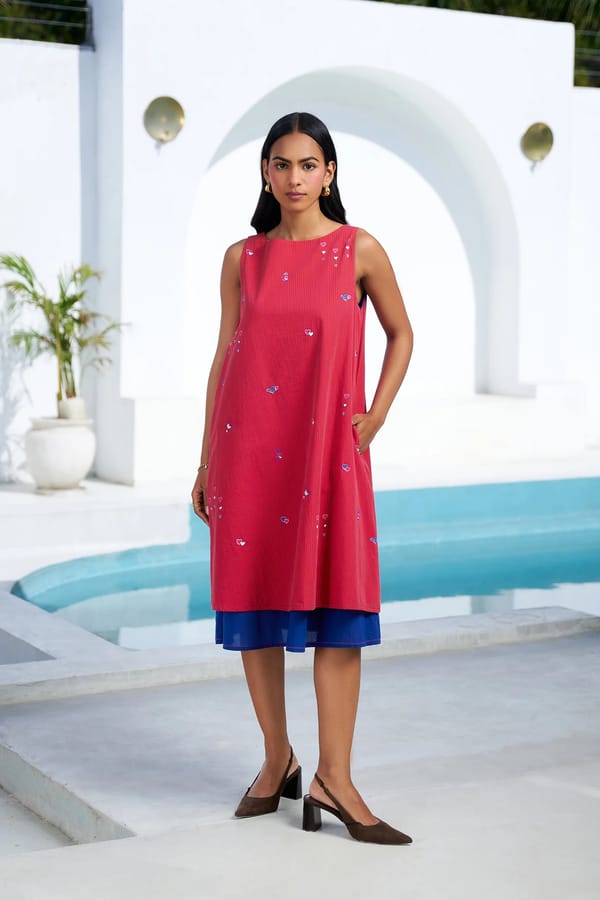 Red Sleeveless A-Line Midi Cotton Dress with Heart Embroidery — STITCH STORIES