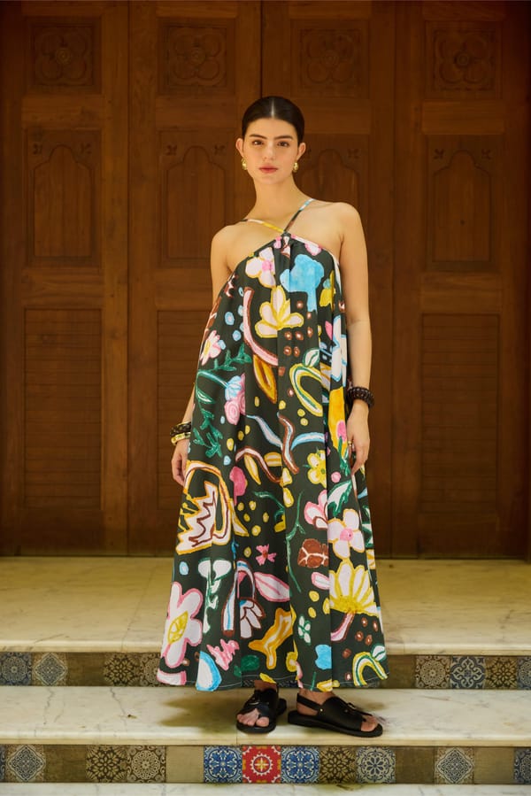 Multicolor Printed Halter Neck Maxi Dress — HAPPI SPACE
