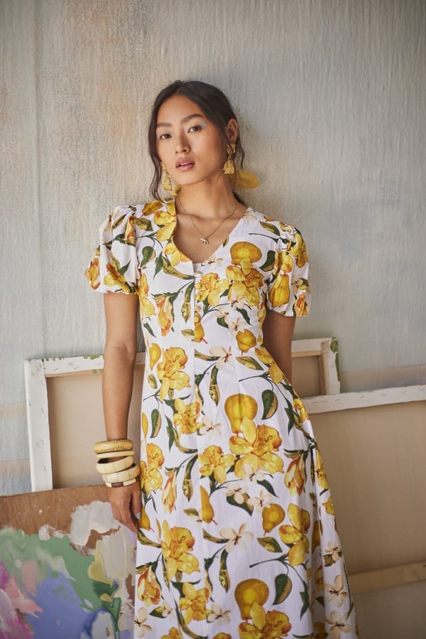 Multicolor Pear Print Cotton Midi Dress — Sage by Mala