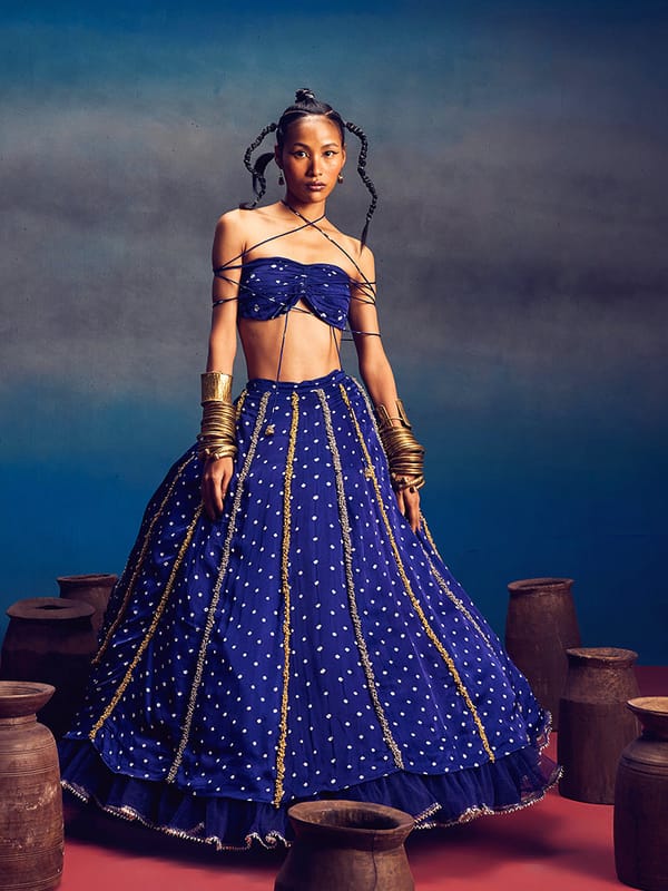 Blue Bandhani Lehenga Set with Bandeau Tie-Up Blouse — 5 Elements