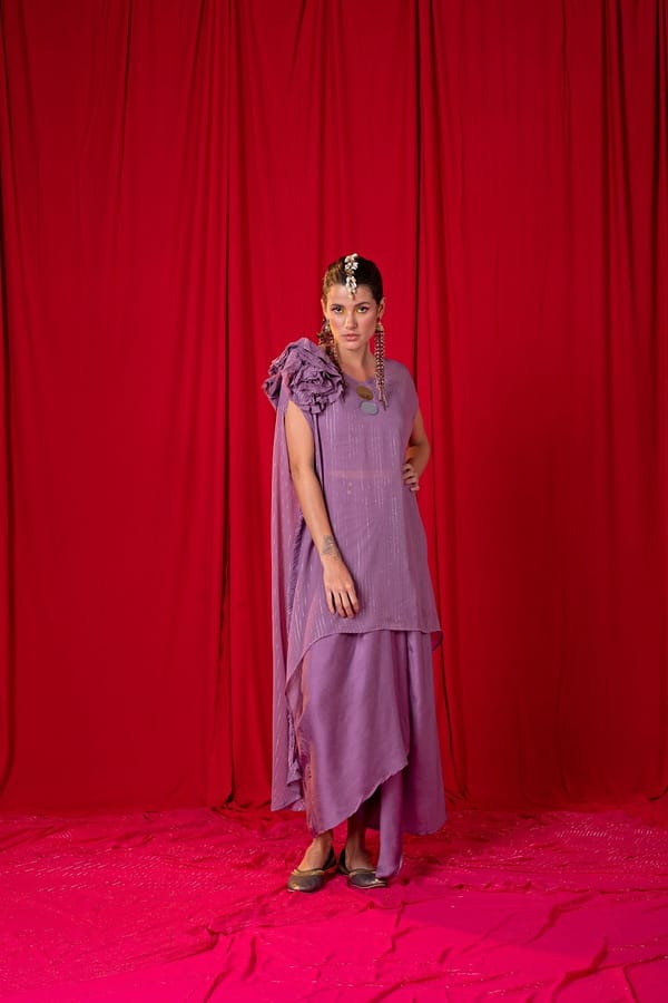 Lavender Shimmer Kimono Top and Draped Maxi Skirt Co-ord Set — EnEch