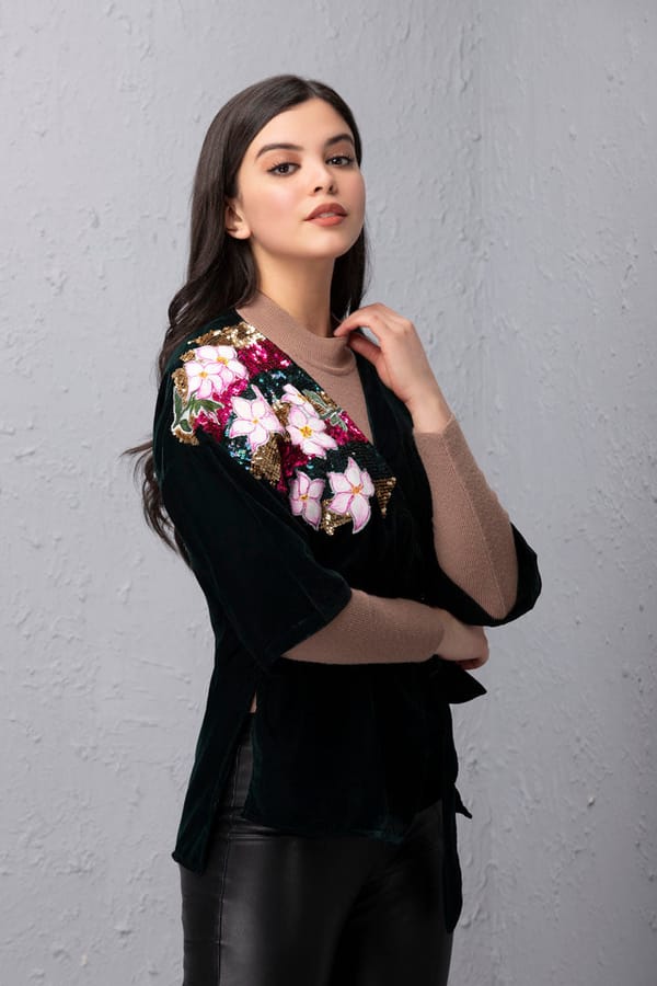 Emerald Velvet Wrap Kimono Top with Sequin Applique — THE FINICKY COLORIST