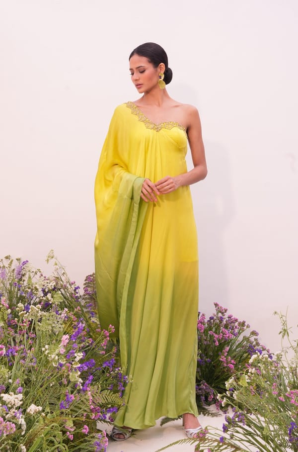 Lime Green Ombre One-Shoulder Satin Kaftan — AMRTA BY GUNEET KONDAL
