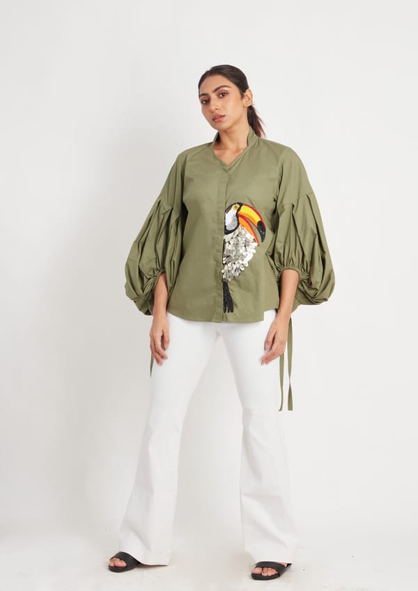 Olive Comfort Fit Cotton Shirt with Balloon Sleeves — Richa Goenka