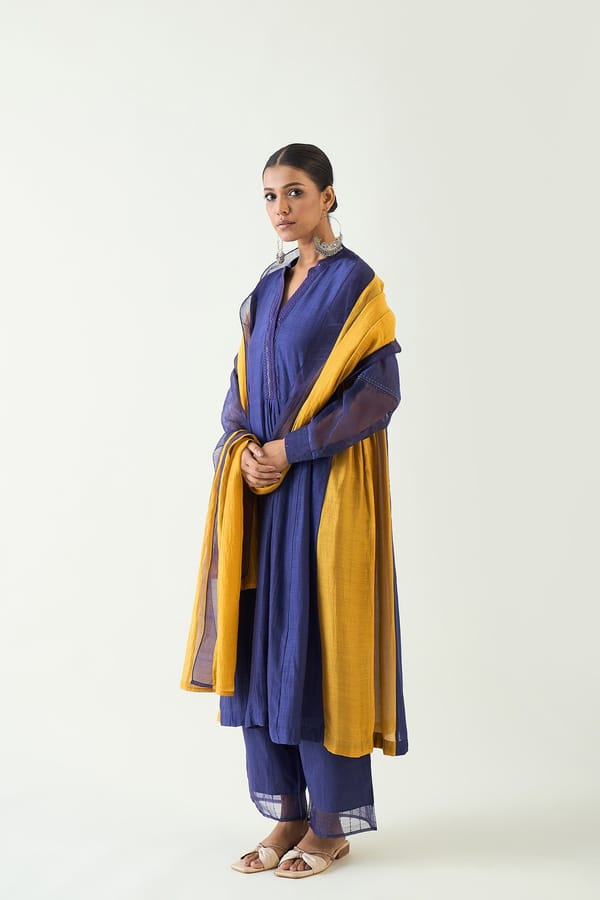 Urvi:  Side Gather Kurta set - Purple and Mustard — SHIVANI BHARGAVA