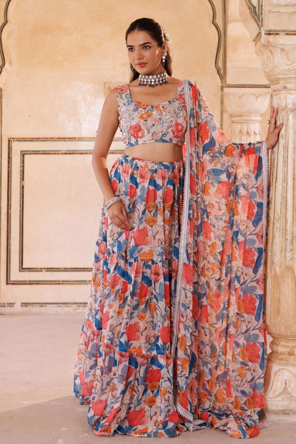 Beige Georgette Blue & Orange Printed Lehenga Set — Bannhi by Priyanka Rathore