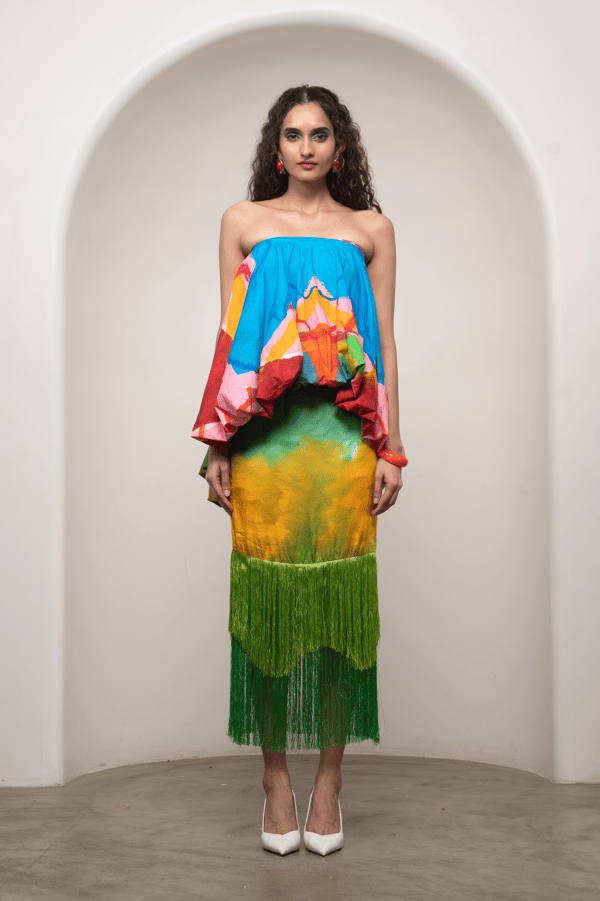 Multicolor Off-Shoulder Bubble Top and Midi Skirt Co-ord Set — ADVAIT