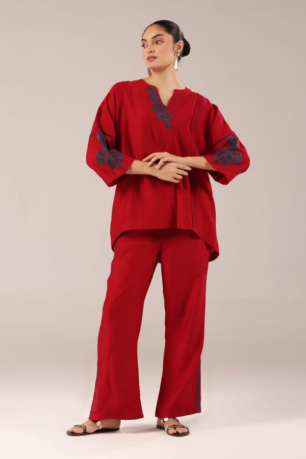 Red Floral Embroidered Relaxed Co-ord Set — Truly SMA