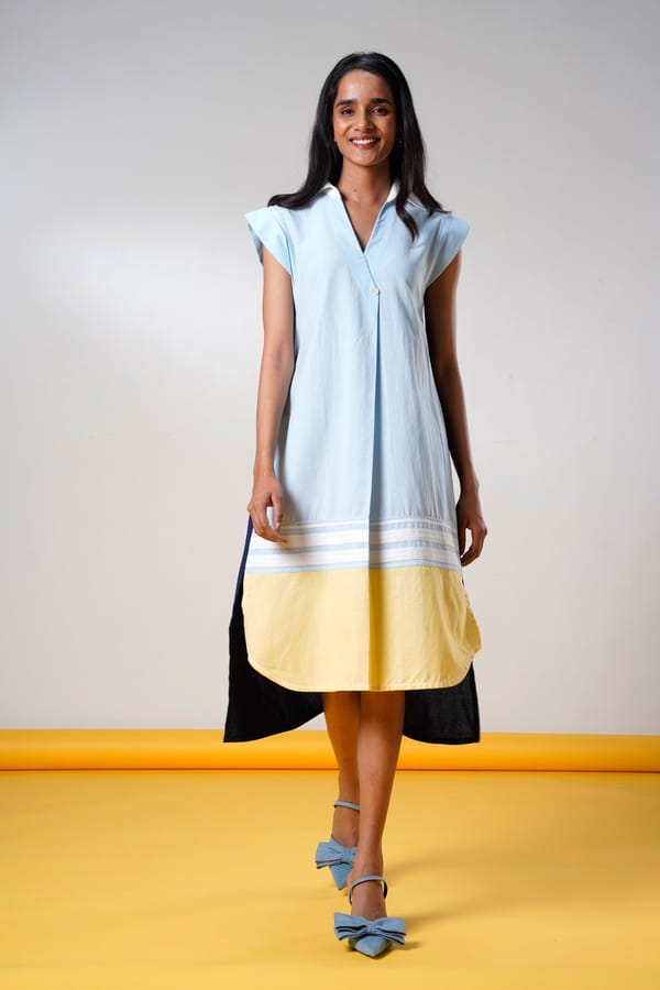 Blue Colorblock Shirt-Style Midi Dress with Pockets — Madder Much