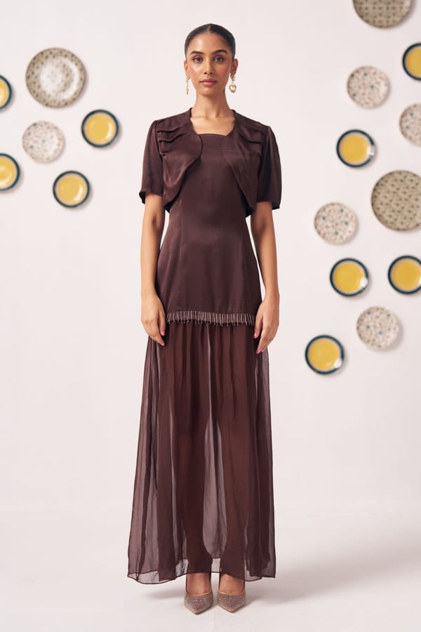 Chocolate Brown Maxi Dress with Sheer Shrug — Western Era