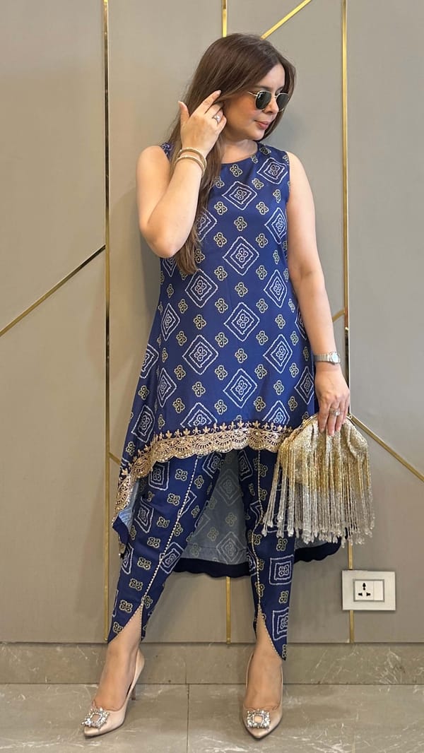 Navy Bandhej High Low Embroidered Co-ord — Kylee Fashions