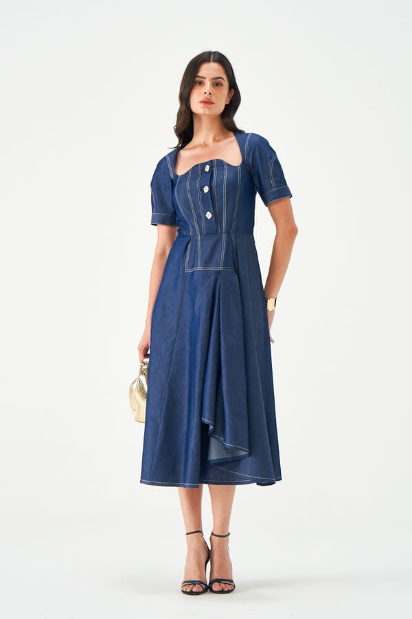 Blue Denim Midi Dress with Bustier Bodice and Asymmetrical Hem — NOTEBOOK