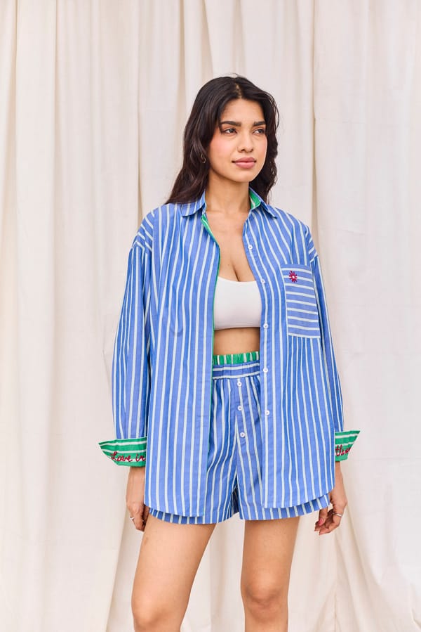 Blue Double Waisted Striped Shorts — Urban Suburban