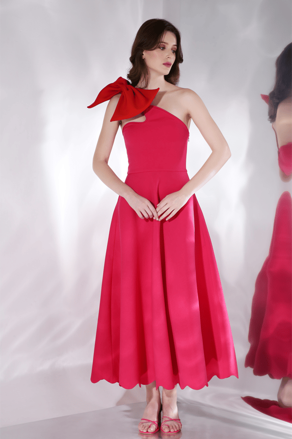 Hot Pink Fit and Flare Midi Dress with Detachable Bow — OZEQO
