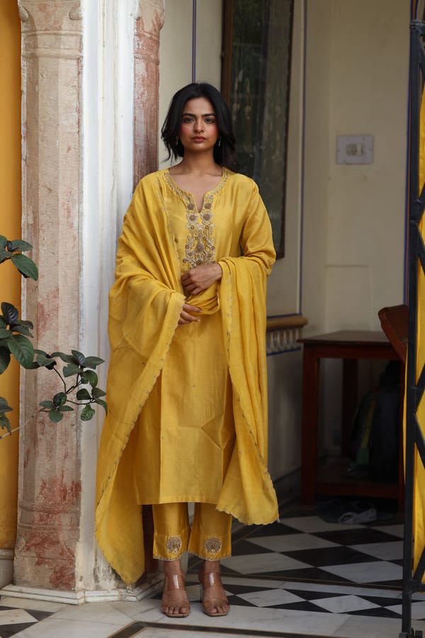Mustard Silk Chanderi Zardozi Kurta Set with Dupatta — Tatwa Designs
