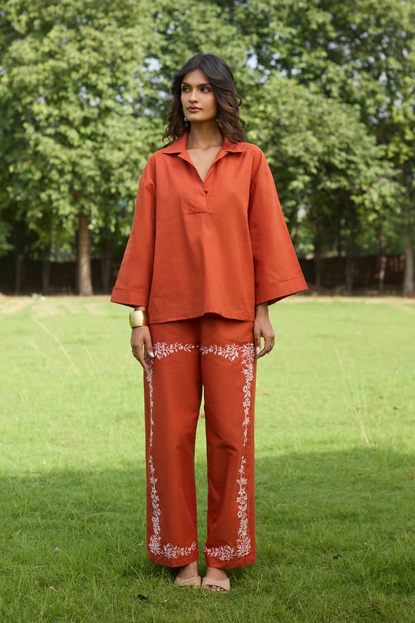 Rust Linen Cotton Co-ord Set with Embroidered Pants — INCHING INDIA